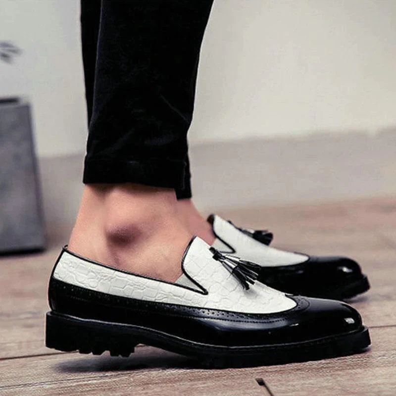 Male Formal Shoes Glossy Tassel Brogue Leather Shoes-White