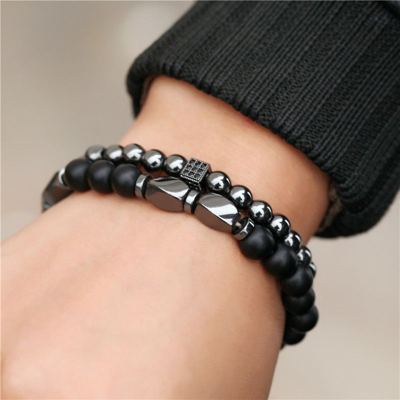 2 IN 1 Matts Multi Shaped Crystal Stone Beads Bracelet Black