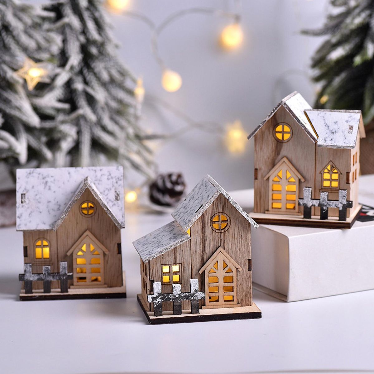 Small Wooden House Desktop Decoration Luminous Wood Craft Ornament Small DIY Ornament Festival & Holiday Decoration & Gift Bedroon Office Living Room