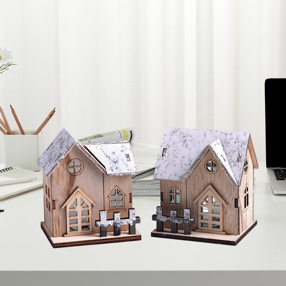 Small Wooden House Desktop Decoration Luminous Wood Craft Ornament Small DIY Ornament Festival & Holiday Decoration & Gift Bedroon Office Living Room