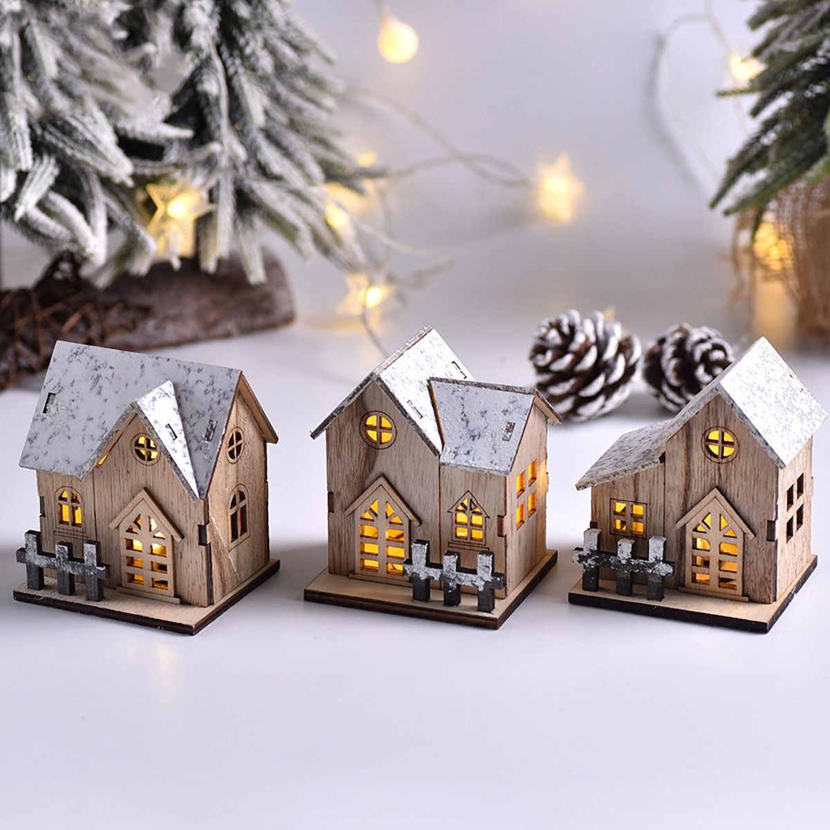 Small Wooden House Desktop Decoration Luminous Wood Craft Ornament Small DIY Ornament Festival & Holiday Decoration & Gift Bedroon Office Living Room