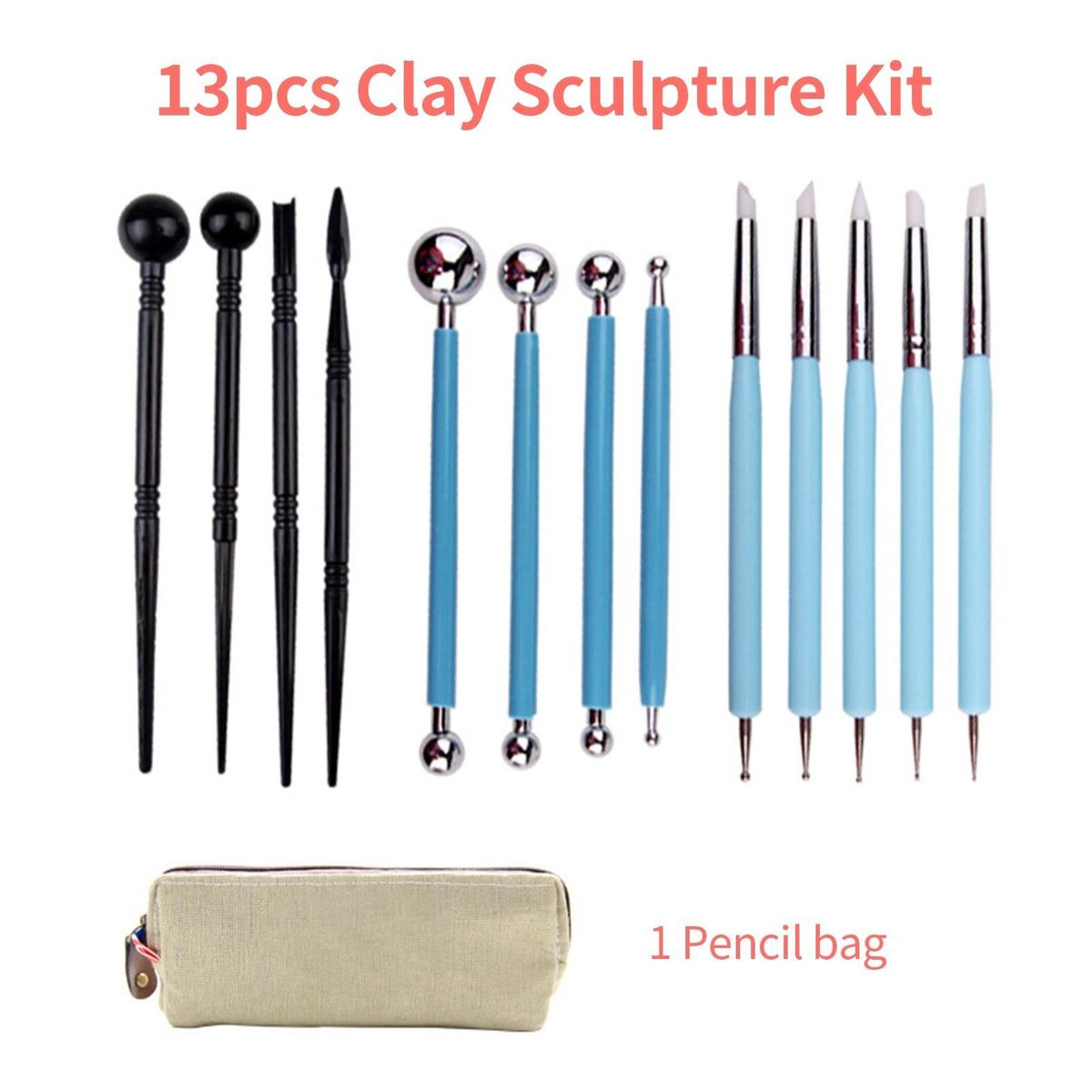 13pcs Clay Sculpture Kit with Pencil Bag Acrylic Rod Indentation Pen Clay beginner's set for Fondant Cakes/DIY Ceramic Clay/Nails Art