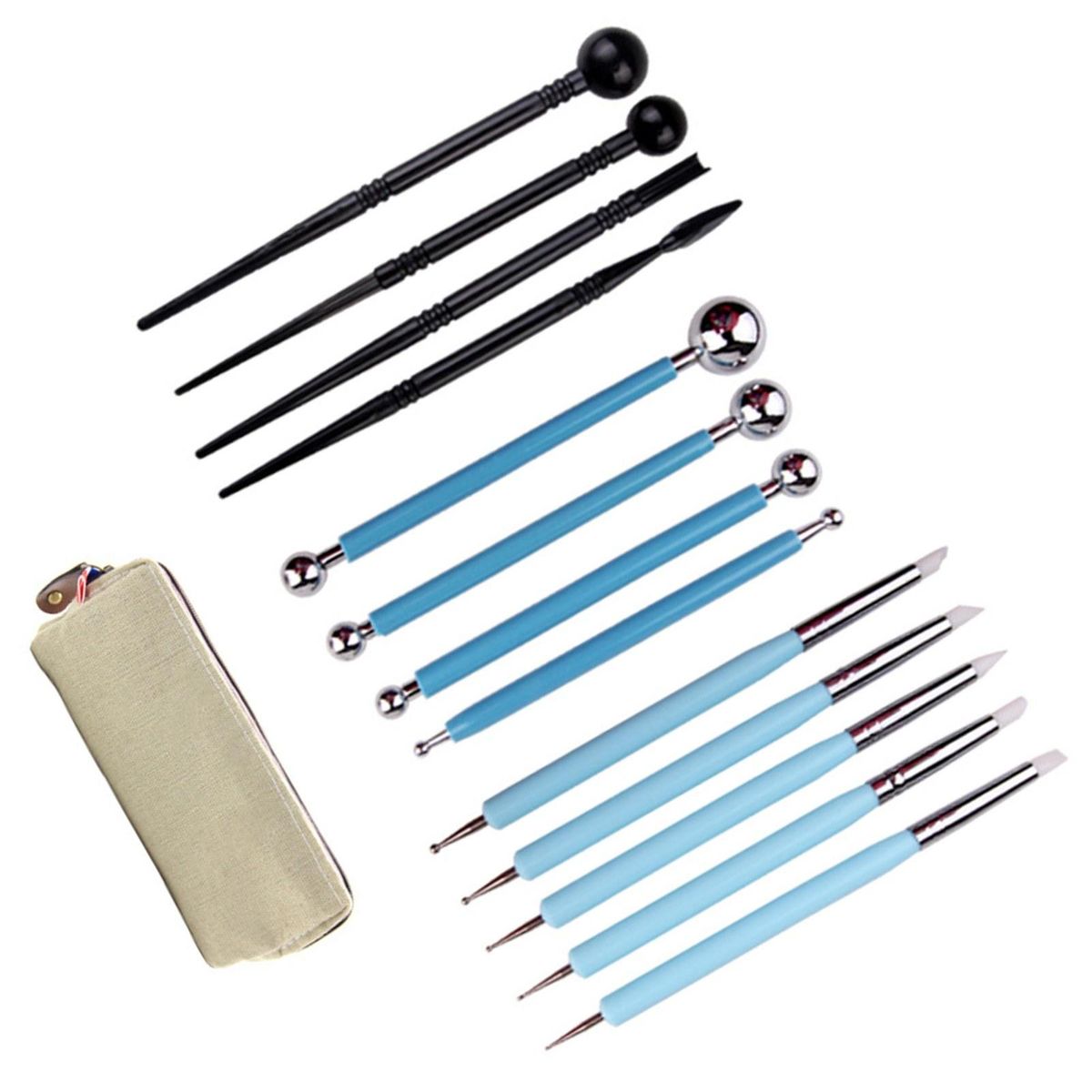 13pcs Clay Sculpture Kit with Pencil Bag Acrylic Rod Indentation Pen Clay beginner's set for Fondant Cakes/DIY Ceramic Clay/Nails Art