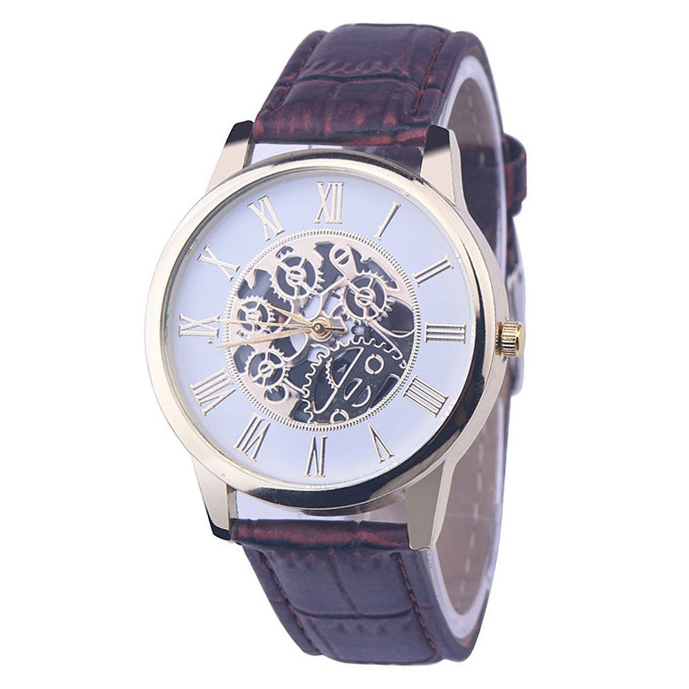 Men Hollow Mechanical Skeleton Round Dial Faux Leather-Brown