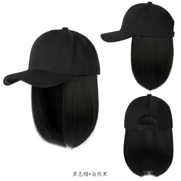 Bob Wig Face Cap Hat Women Short Hair Extension Piece- Black