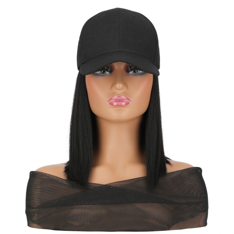 Straight Hair Face Cap Hat Women Short Hair Extension Piece - Black