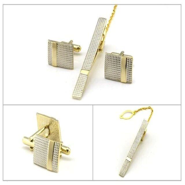 Men's Cufflinks Luxury Shirt Cuff Buttons And Tie Clip(Gold)