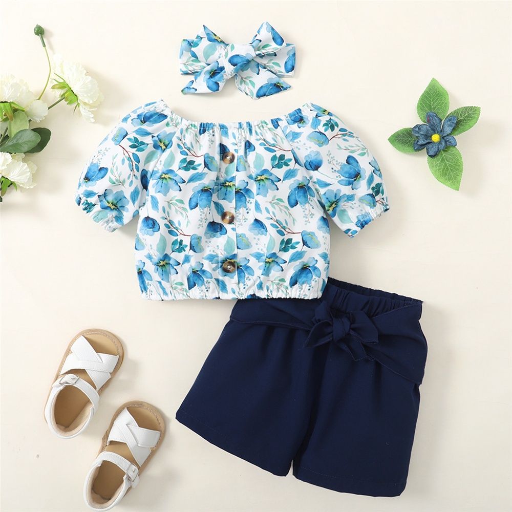 1-5Years Kid Girl Floral Short Sleeve Top+Plain Color Shorts+Headwear