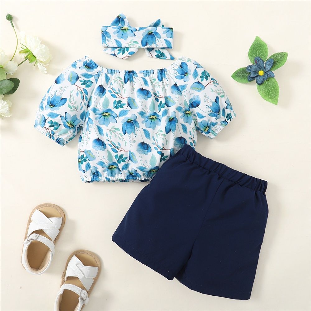 1-5Years Kid Girl Floral Short Sleeve Top+Plain Color Shorts+Headwear