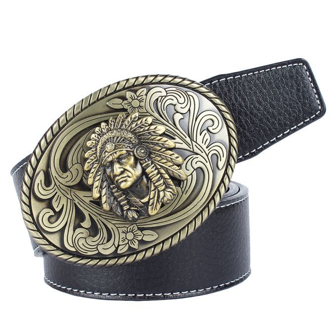 Men's Western Cowboy Leather Belt Indian Warrior Chief Head Black