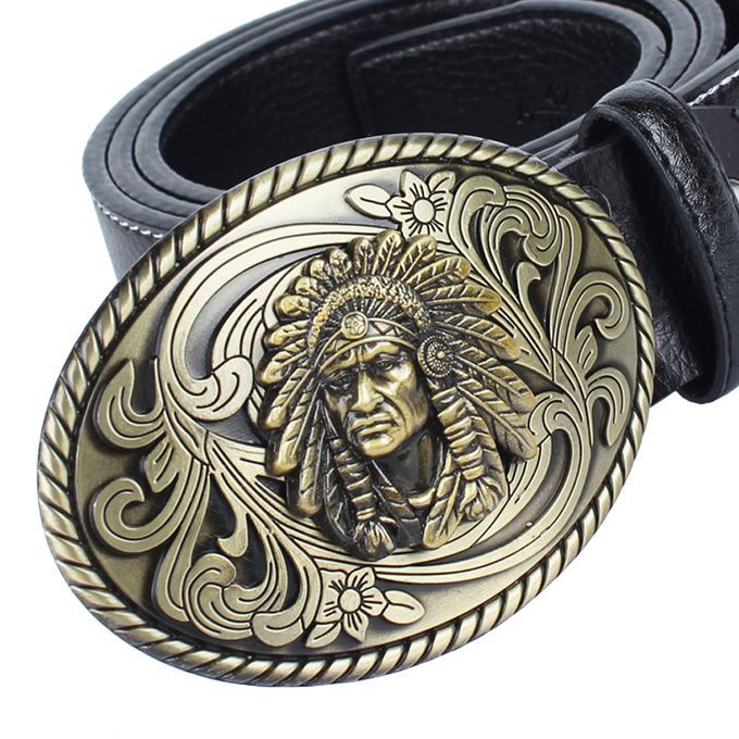 Men's Western Cowboy Leather Belt Indian Warrior Chief Head Black
