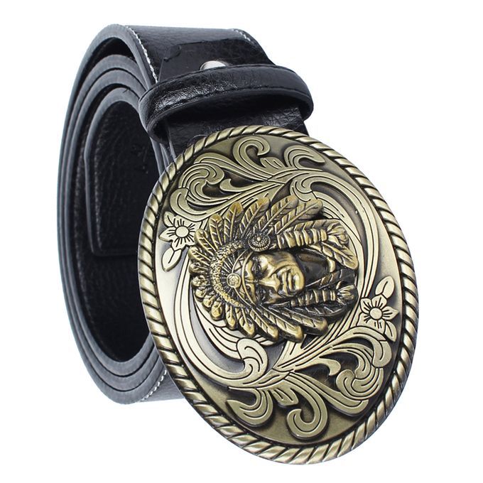 Men's Western Cowboy Leather Belt Indian Warrior Chief Head Black