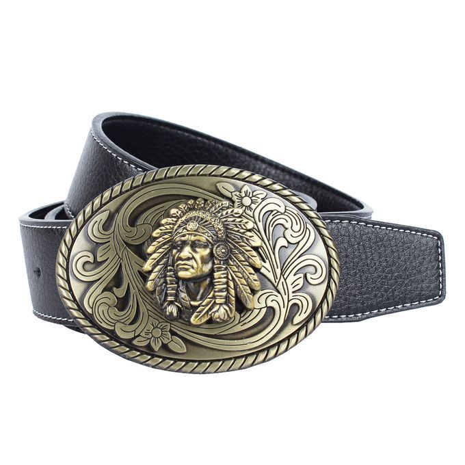 Men's Western Cowboy Leather Belt Indian Warrior Chief Head Black
