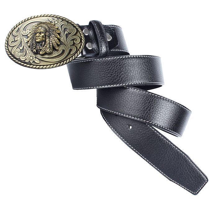 Men's Western Cowboy Leather Belt Indian Warrior Chief Head Black