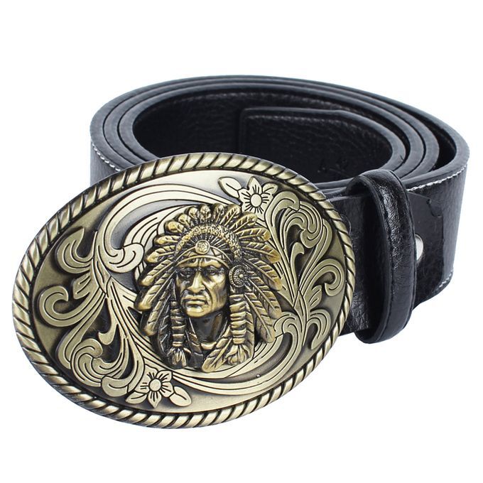 Men's Western Cowboy Leather Belt Indian Warrior Chief Head Black