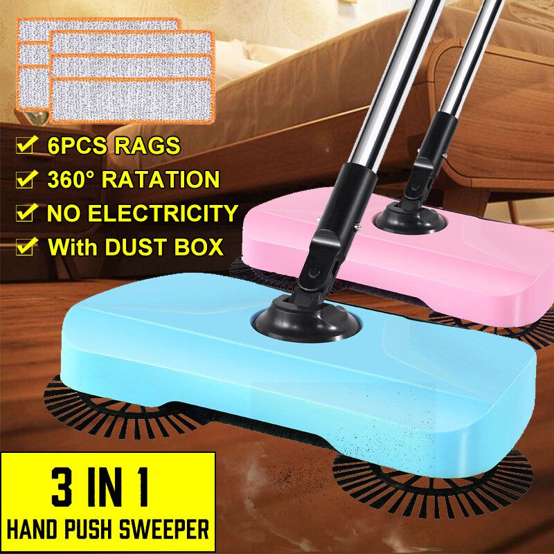 3 In1 Automatic Spin Sweeper Floor Sweeping Brush Broom Large Capacity+ 6 Rags Blue