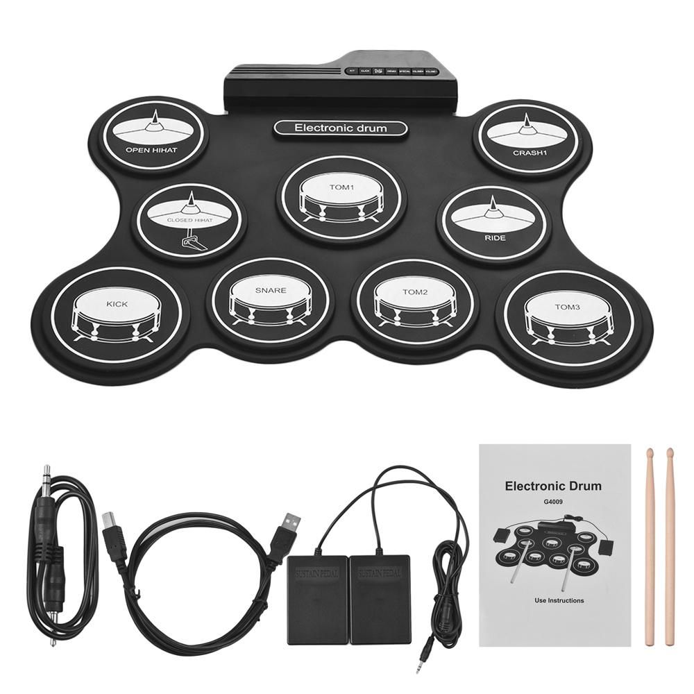Portable USB Roll Up Drum Kit Digital Electronic Drum Set 9 Silicon Drum Pads with Drumsticks Foot Pedals for Beginners Children