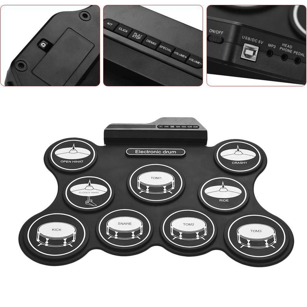 Portable USB Roll Up Drum Kit Digital Electronic Drum Set 9 Silicon Drum Pads with Drumsticks Foot Pedals for Beginners Children
