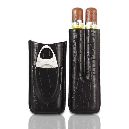 Crocodile 2 Tubes Cigar Case Travel Leather Cigar Humidor Box With Cutter