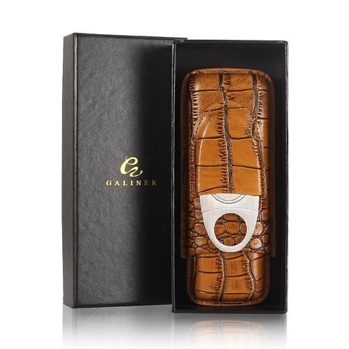 Crocodile 2 Tubes Cigar Case Travel Leather Cigar Humidor Box With Cutter