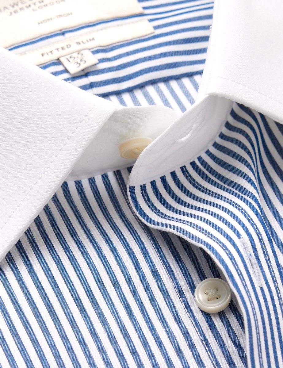 Men's Non-Iron Blue & White Bengal Stripe Slim Fit Shirt -White Collar And Cuffs