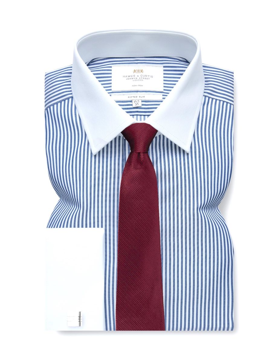 Men's Non-Iron Blue & White Bengal Stripe Slim Fit Shirt -White Collar And Cuffs