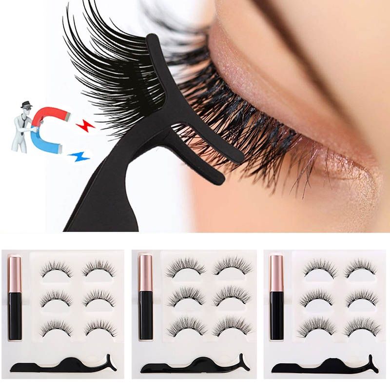 3 Pairs Of Magnetic False Eyelashes And Tweezers Kit Tool