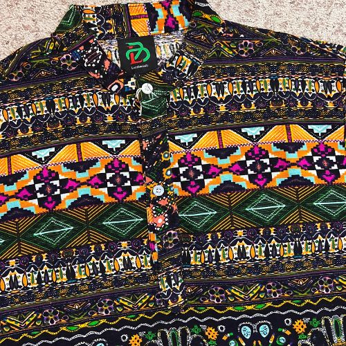 Men Ethnic Tribal Printed Bishop Neck Short Sleeves Shirt- Green