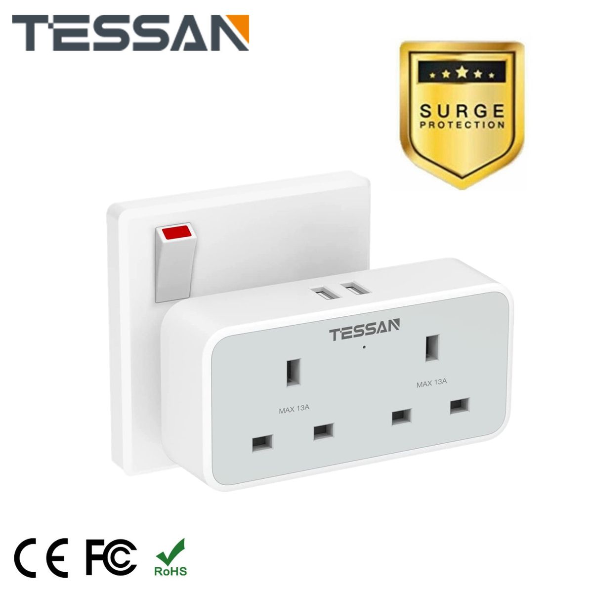 Wall Charger UK Adapter Double Plug Surge Protector 2 USB