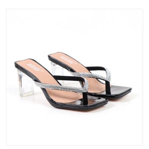 Rhinestone Square Toe High Transparent Heel Ladies Black Slippers