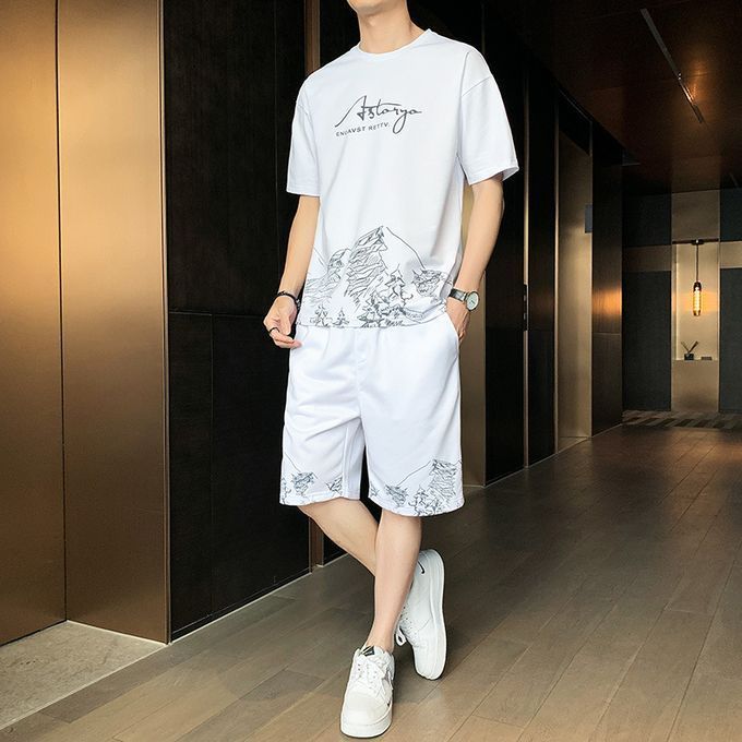 2 In 1 Men's Short Sleeve T-shirt Shorts Casual Set-White