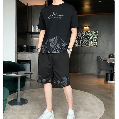 2 In 1 Men's Short Sleeve T-shirt Shorts Casual Set-Black