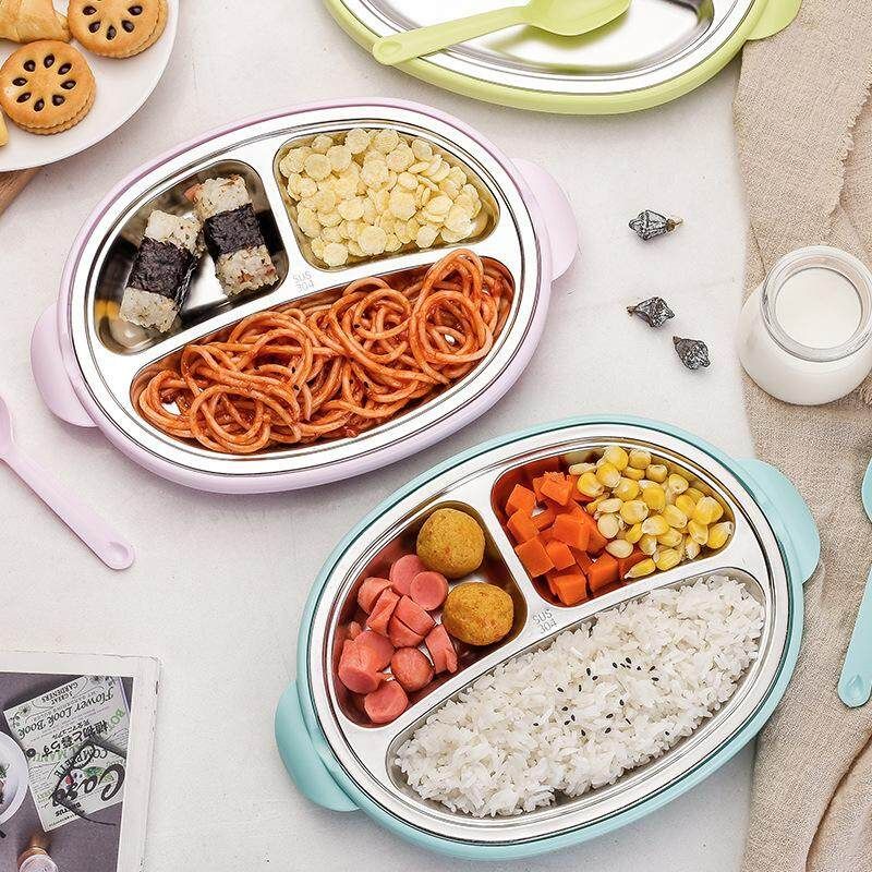 Food Storage 304 Stainless Children's Home Dining Tray Cute Cartoon Tableware Grid Plate Baby Eat Split Plate Fruit Plate Blue (spoon) One Size Fits All