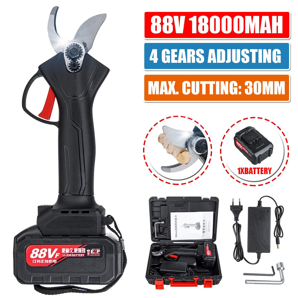 88V Cordless Rechargeable Electric Pruning Shears Secateur Branch Scissor