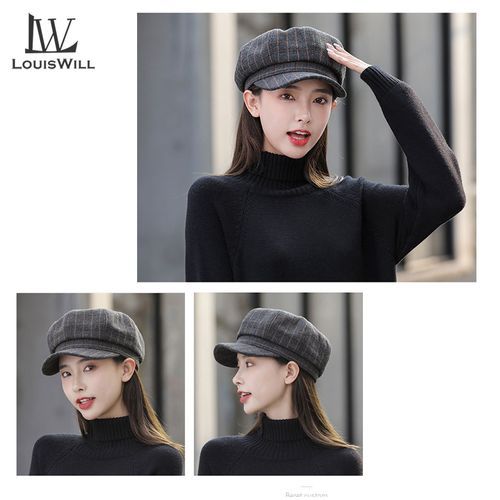 LouisWill Women Autumn And Winter Retro Plaid Octagonal Hat