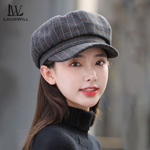LouisWill Women Autumn And Winter Retro Plaid Octagonal Hat