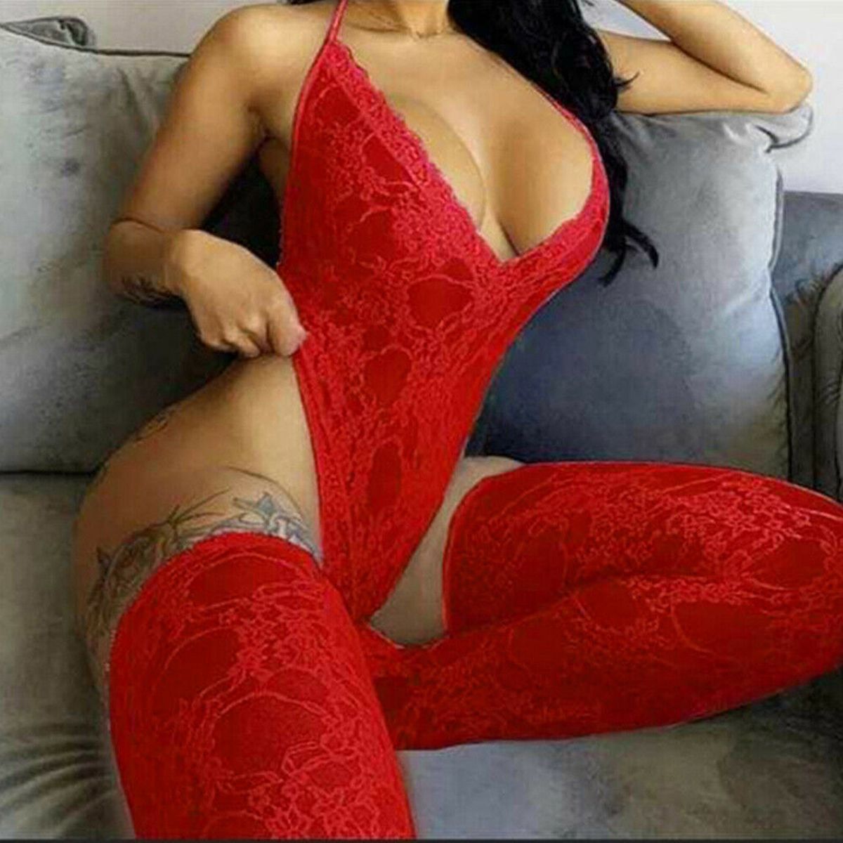 Porn Exotic Clothes See Through Lace Sexy Lingerie Temptation V-Neck Backless Garter Women's Underwear Erotic Costumes Red