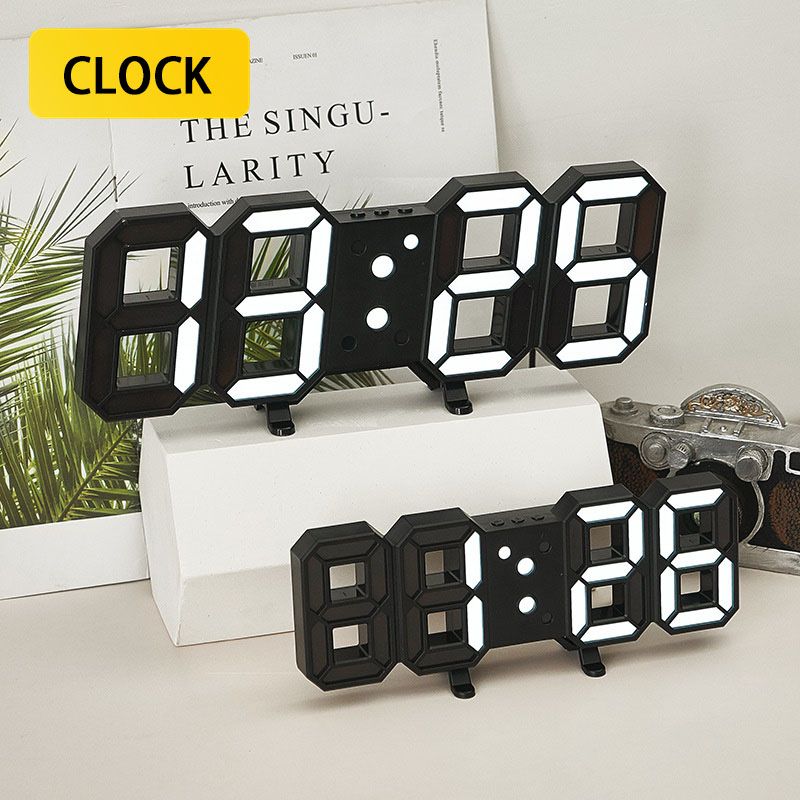 Digital 3D White LED Wall Alarm Clock 12/24hrs - Black