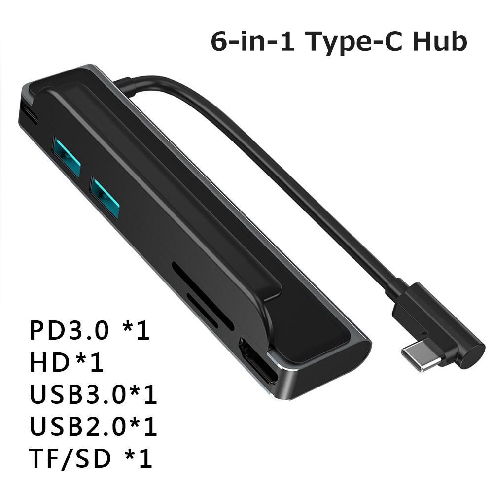 6-in-1 Type-C Hub Multifunctional Type-C Converter Aluminum Alloy Shell with HD USB2.0 USB3.0 PD Ports TF SD Card Slots
