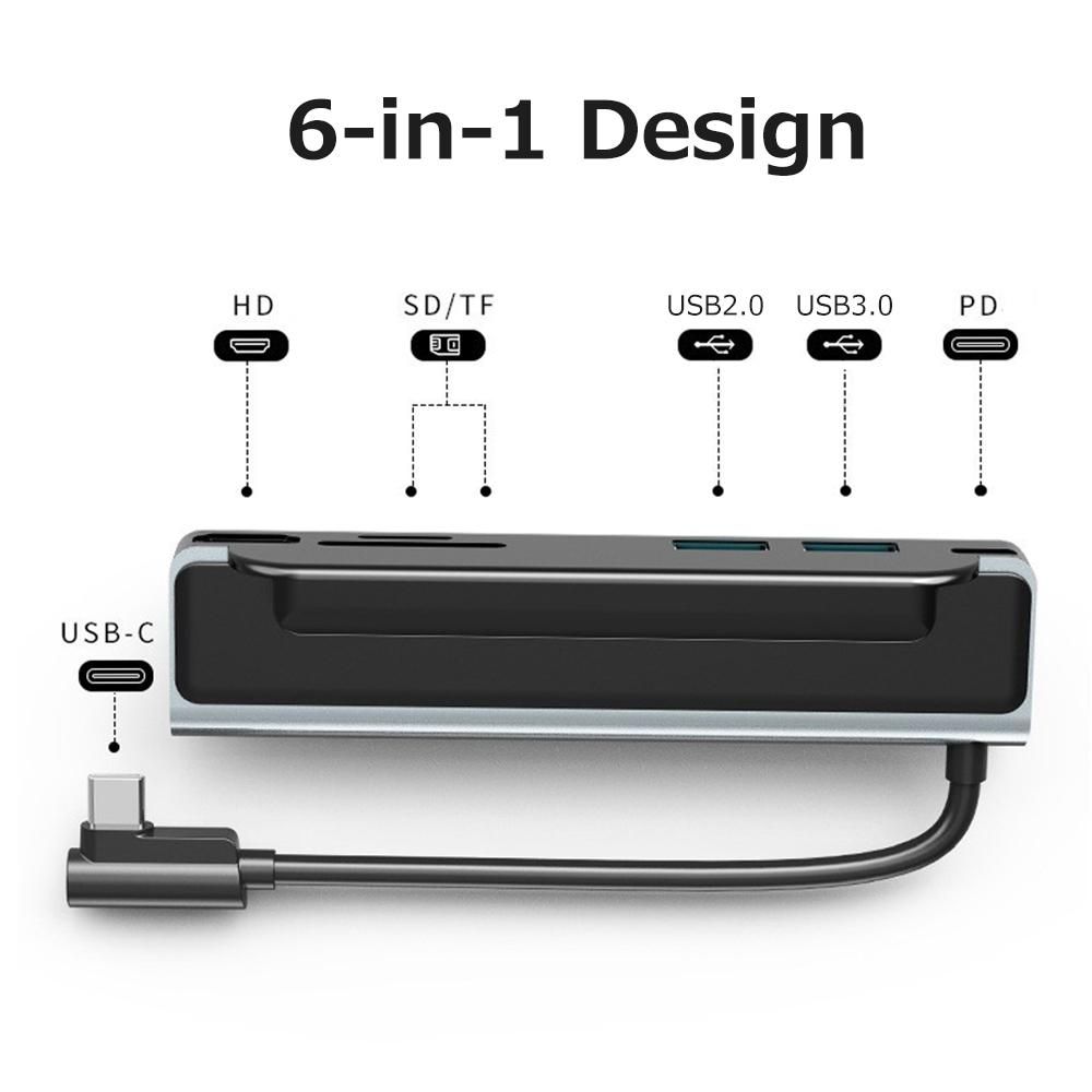 6-in-1 Type-C Hub Multifunctional Type-C Converter Aluminum Alloy Shell with HD USB2.0 USB3.0 PD Ports TF SD Card Slots
