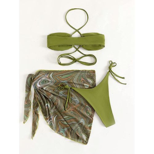 Floerns Women's 3 Pcs Bikini Set Lace Up Halter Swimsuit