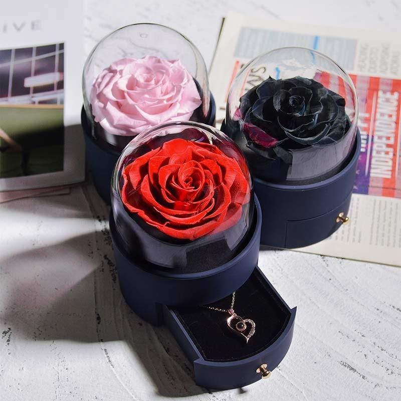Valentine Gifts Eternal Rose Jewelry Box Preserved Flower Ring Storage Case with Necklace Forever Love Gift for Women Girlfriend