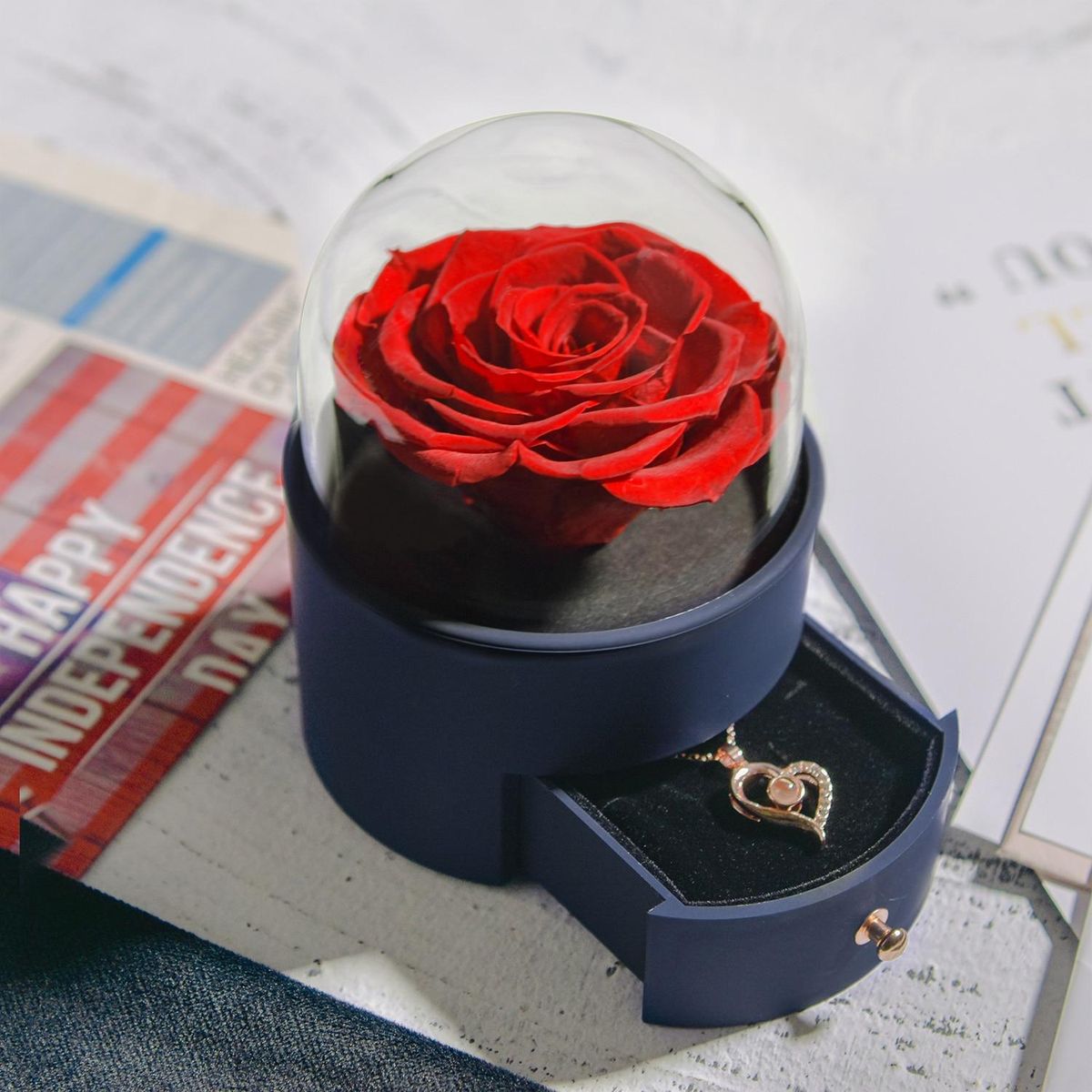 Valentine Gifts Eternal Rose Jewelry Box Preserved Flower Ring Storage Case with Necklace Forever Love Gift for Women Girlfriend