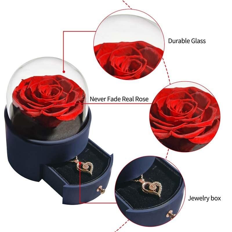 Valentine Gifts Eternal Rose Jewelry Box Preserved Flower Ring Storage Case with Necklace Forever Love Gift for Women Girlfriend