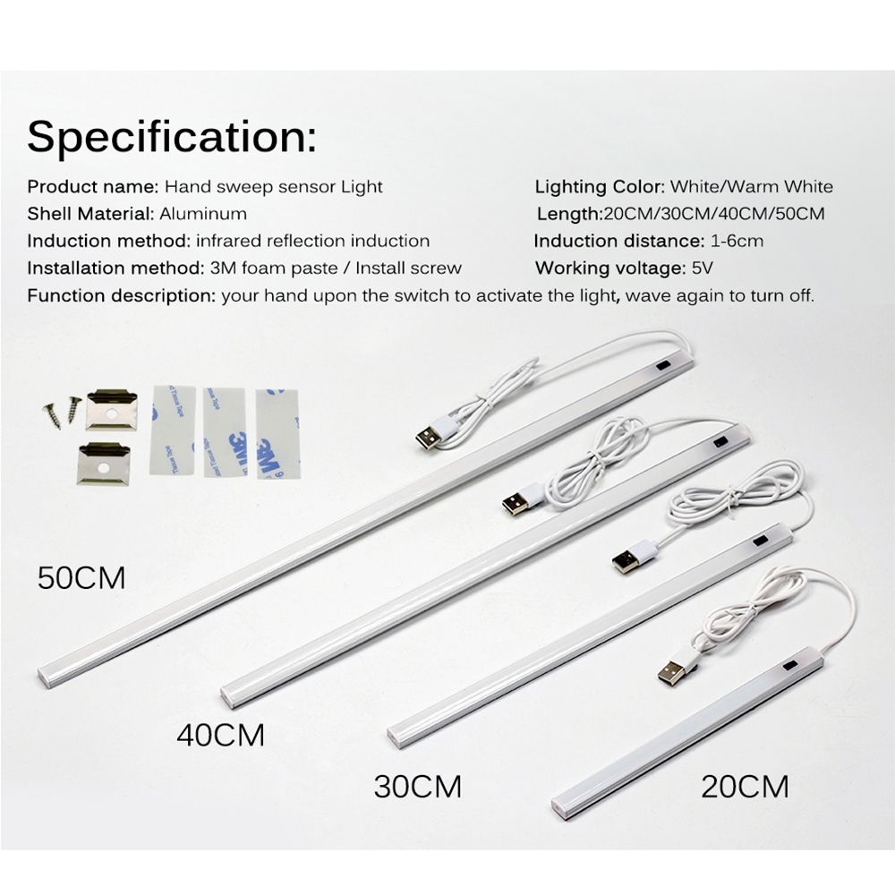 USB 5V LED Under Cabinet Light Motion Sensor Hand Sweep Lamp 20/30/40/50 CM For Cupboard Wardrobe Bed Closer Stairs Kitchen-20cm