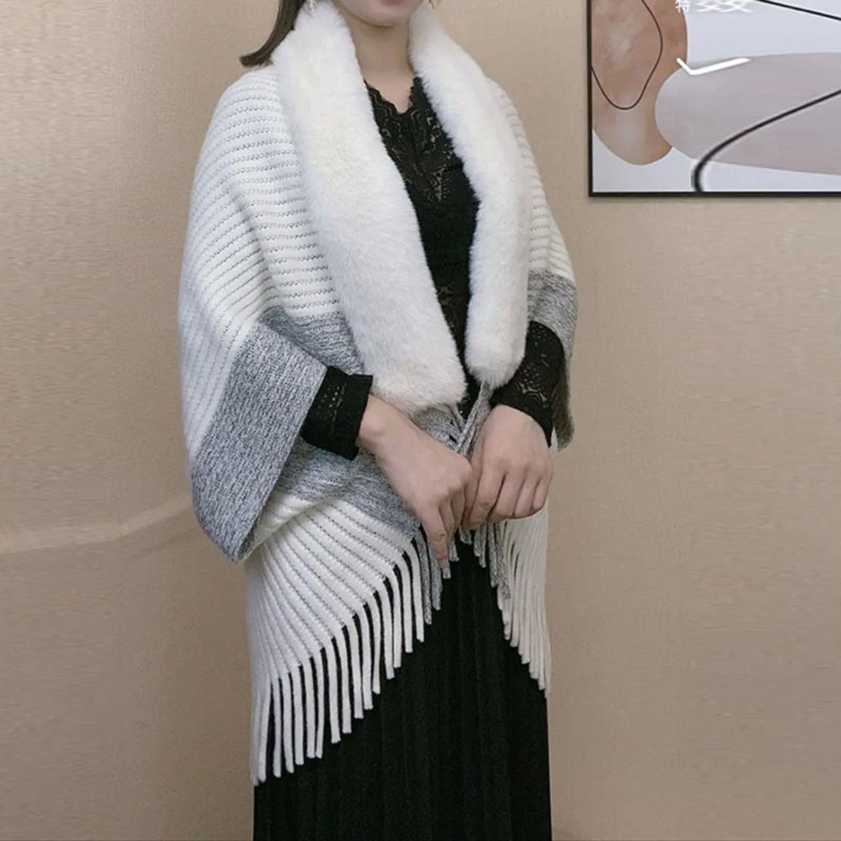 Soft Shawl Cozy Chic Knitted Plush Tassel Cardigan Elegant for Parties White
