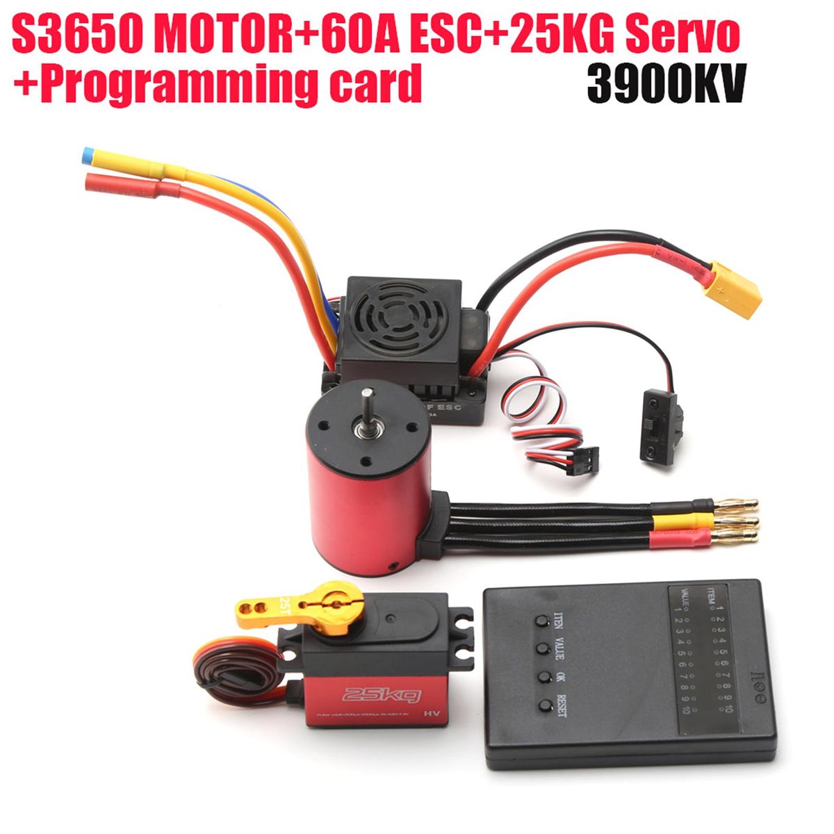 S3650 3900KV Brushless Motor 60A Brushless ESC XT60 Plug 25KG Servo Programming Card Replacement for 1/8/1/10 Tamiya Car
