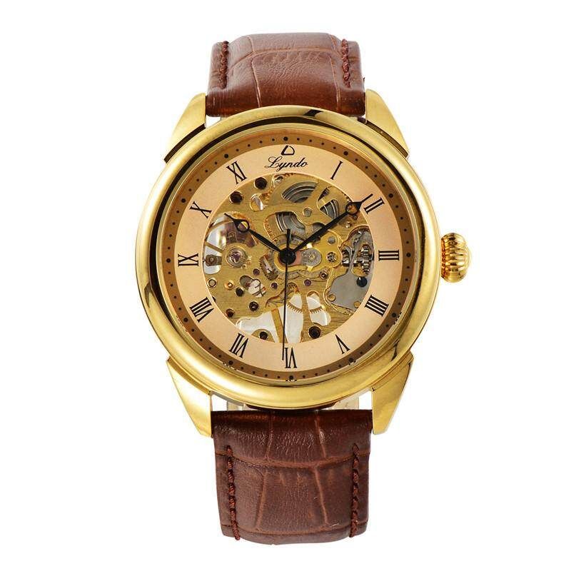 LYNDO Mechanical Watch Self-winding Leather Watch Band Fashion Classic Casual Men Watch Gold Gold (gold)