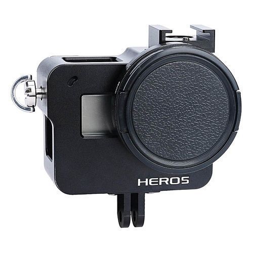AFAITH Black Frame Housing Protective Case CNC Aluminum Alloy Metal Skeleton Rugged Cage Protective Frame Case + 52mm UV Lens + Lens Cap + Storage Bag + Wrist Strap For GoPro Hero 5 Black GP074