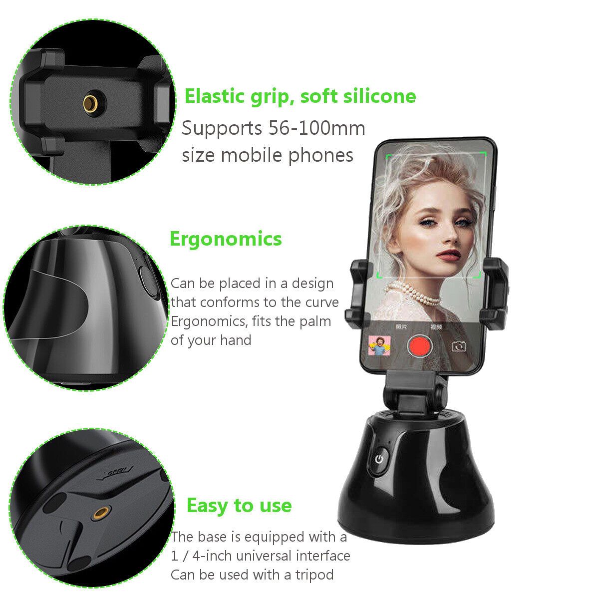 56-100mm Portable All-in-one Smart Selfie Stick, 360° Rotates Auto Face & Object Tracking Vlog Shooting Smartphone Mount Holder Black